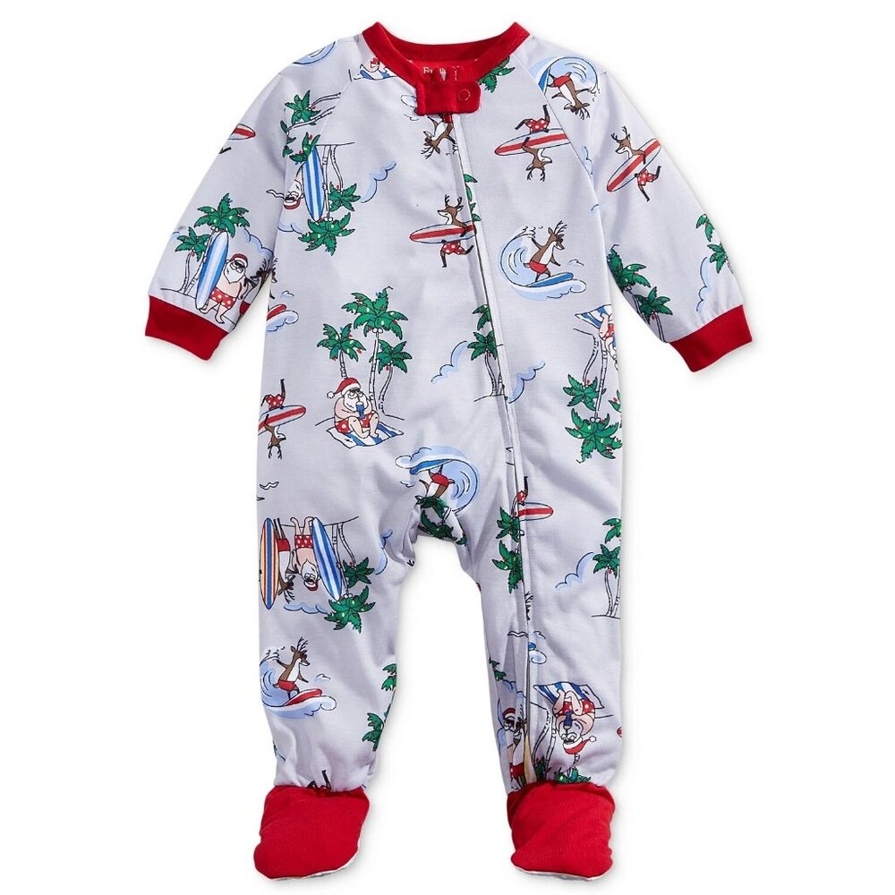 Family Pajamas Unisex Baby Boys or Girls One-Piece Footed PJ, Gray Surfing Santa